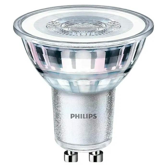 Philips Bombilla LED Classic Pack 3 - GU10, No regulable, Blanco frío, 390 lm, 4,6 W - Primer plano de una bombilla LED Philips GU10 con reflector. La bombilla tiene un cuerpo plateado y un reflector transparente.