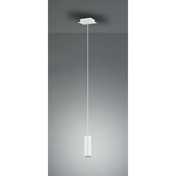 Trio Lighting Marley Lámpara colgante - 35 W, L x An x Al: 12 x 12 x 150 cm, Blanco, GU10, 1 ud. - Imagen de una moderna lámpara colgante cilíndrica blanca suspendida del techo; un elemento de iluminación elegante para cualquier habitación.