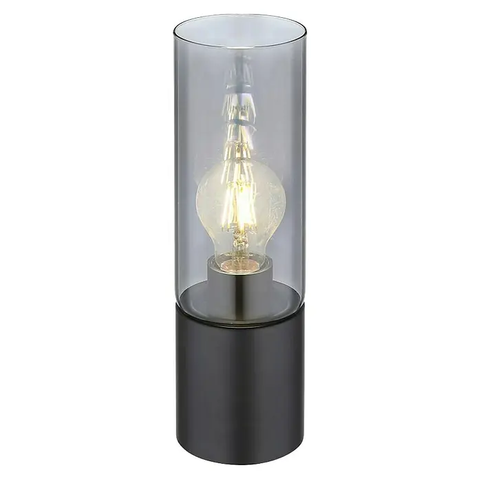 Globo Lámpara de sobremesa Annika - 25 W, Ø x Al: 9 x 30 cm, Negro, E27 - Elegante lámpara de mesa con cilindro de vidrio transparente que muestra una bombilla decorativa, sobre una base negra elegante para iluminación ambiental.