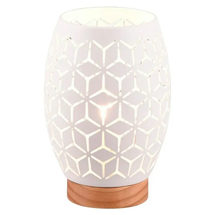 Reality Leuchten Bidar Lámpara de sobremesa - 28 W, Ø x Al: 15 x 21,5 cm, Blanco, E27 - Primer plano de una lámpara de aroma blanca con recortes geométricos sobre una base de madera, que emite una luz cálida y relajante.