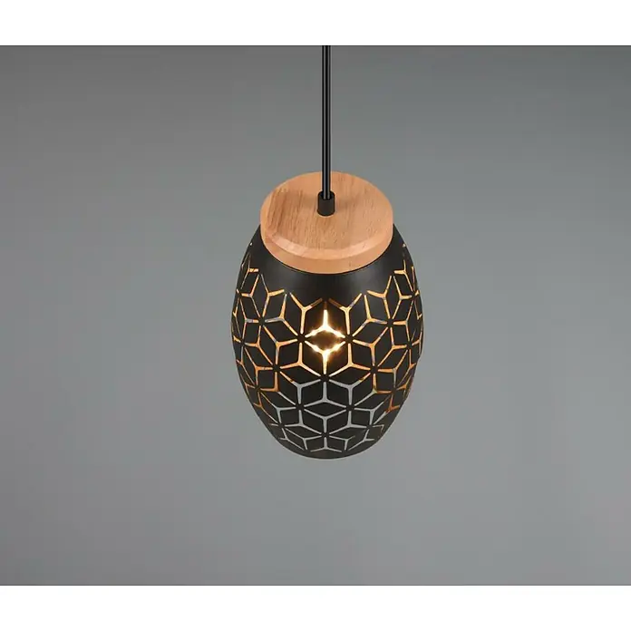 Reality Leuchten Bidar Lámpara colgante - 28 W, L x An x Al: 15 x 15 x 150 cm, Negro, E27 - Lámpara colgante moderna con tapa de madera y una pantalla negra calada que emite una luz cálida.