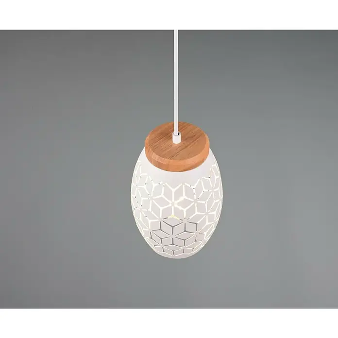 Reality Leuchten Bidar Lámpara colgante - 28 W, L x An x Al: 15 x 15 x 150 cm, Blanco, E27 - Primer plano de una lámpara colgante decorativa con una pantalla blanca estampada y una parte superior de madera.