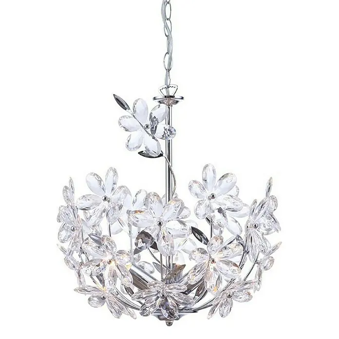 Globo Lámpara colgante redonda - 40 W, Ø x Al: 38 x 110 cm, Cromo, E14 - Lámpara de araña brillante con un diseño floral, con flores de cristal y detalles plateados, perfecta para añadir elegancia a cualquier interior.
