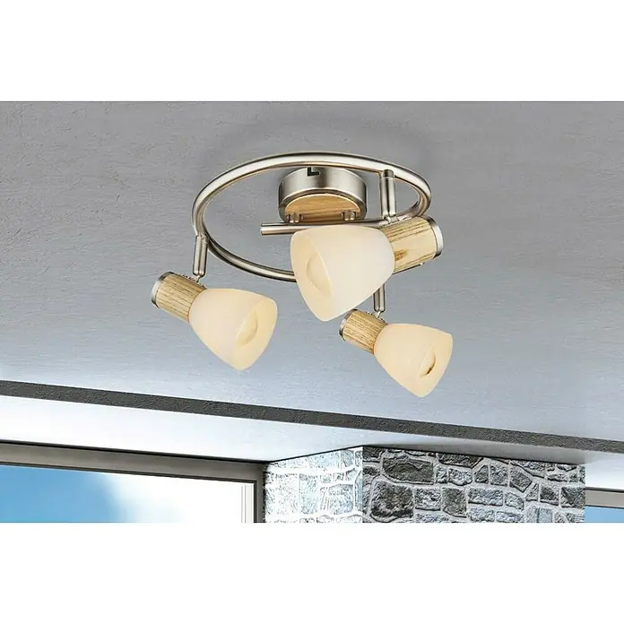 Globo Gylfii Deckenstrahler - 120 W, L x B x H: 25 x 25 x 15,5 cm, Nickel matt, Opal, E14, Anzahl Leuchtmittel: 3 Stk. - Deckenleuchte mit drei Strahlern und Holzdetails. Die Leuchte hat ein modernes Design und sorgt für angenehmes Licht im Raum.