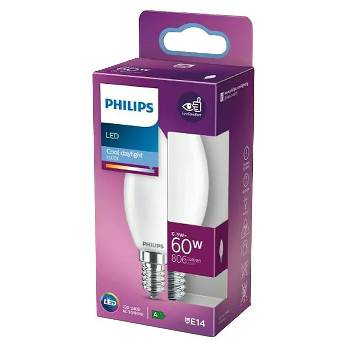 Philips Bombilla LED Vela y lustre Mate - E14, No regulable, Blanco diurno, 806 lm, 60 W - Primer plano de una bombilla LED Philips de 6,5 W, equivalente a 60 W, que ofrece 806 lúmenes, envasada en una caja morada.