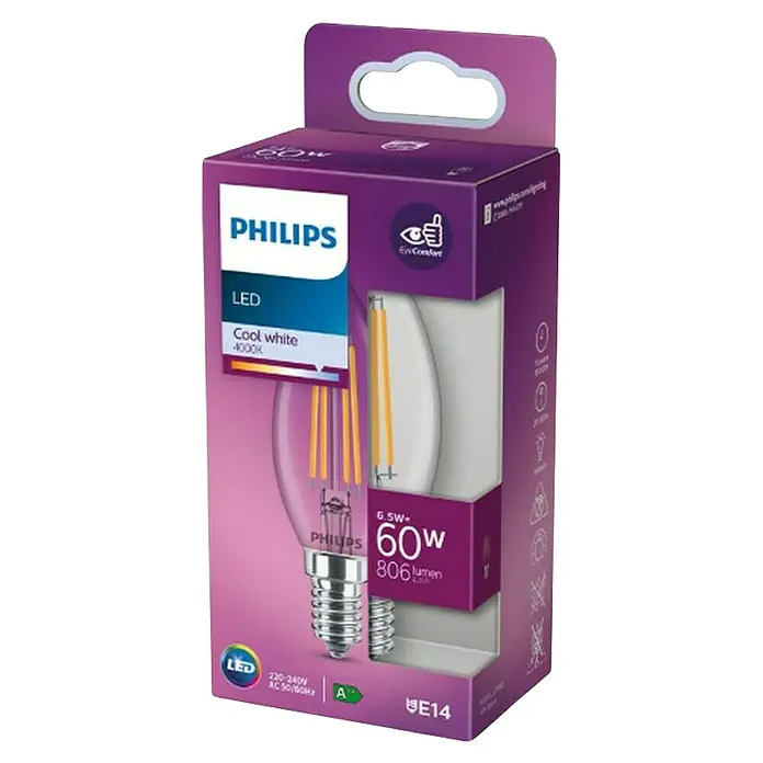 Philips Bombilla LED Vela y lustre Transparente - E14, No regulable, Blanco frío, 806 lm, 60 W - Primer plano de una bombilla LED Philips en su empaque, de bajo consumo y confort visual.