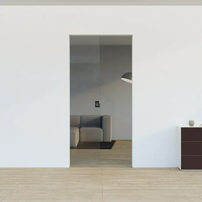 Entravia Glasschiebetür - 860 x 1.980 mm, Klarglas, Mit Schlossbohrung, Passend für: Entravia Simple-Pocket Schiebetürsystem - Transparente Glasschiebetür mit modernem Griff, die einen nahtlosen Übergang zwischen Räumen schafft.