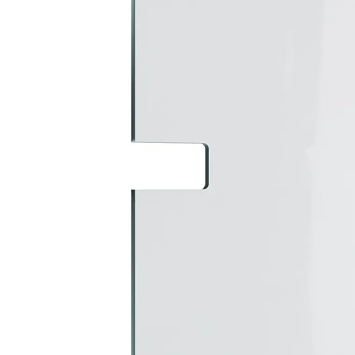 Entravia Glasschiebetür - 860 x 1.980 mm, Klarglas, Mit Schlossbohrung, Passend für: Entravia Simple-Pocket Schiebetürsystem - Graues Grafikelement: ein vertikaler Balken mit einem horizontalen, abgerundeten Reiter, der nach rechts absteht, mit leichtem Schatten.