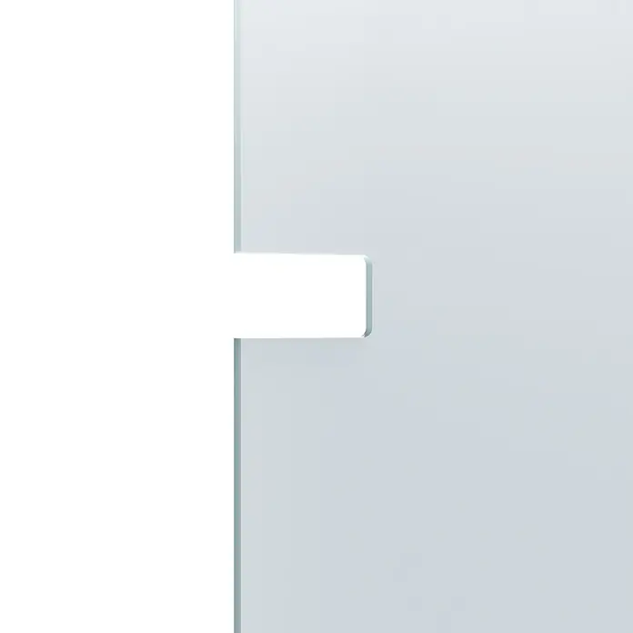 Entravia Glasschiebetür - 985 x 2.105 mm, Satiniertes Glas, Mit Schlossbohrung, Passend für: Entravia Simple-Pocket Schiebetürsystem - Durchscheinende hellgrau-blaue Platte mit transparentem linken Rand und ausgeschnittener Lasche, die einen geschichteten Milchglaseffekt erzeugt.