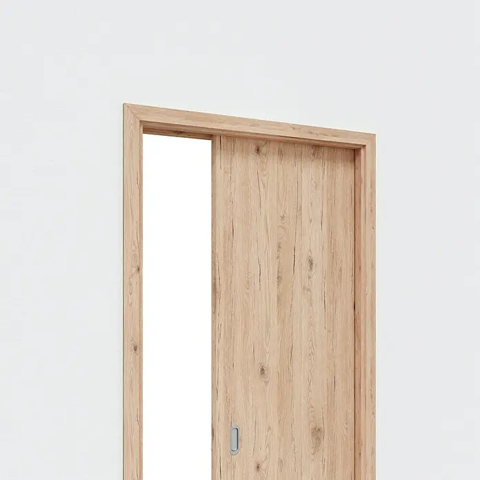Entravia Holzschiebetür - 860 x 1.985 mm, CPL, Eiche Vintage, Mit Griffmuschelpaar, Passend für: Entravia Simple-Pocket Schiebetürsystem - Helle Holzschiebetür, teilweise geöffnet, mit Griffmulde.