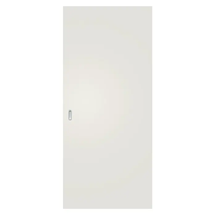 Entravia Holzschiebetür - 610 x 2.110 mm, Weiß lackiert, ähnlich RAL 9010, Mit Griffmuschelpaar, Passend für: Entravia Simple-Pocket Schiebetürsystem - Hellbeige Tür mit vertikalem, eingelassenem silbernem Griff.
