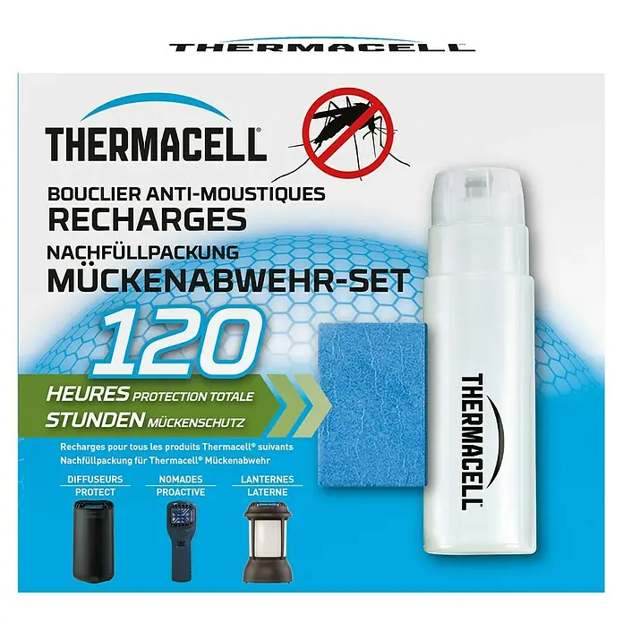 Thermacell Stechmückenschutz-Nachfüllpackung - Passend für: Alle Themacell Mückenabwehrgeräte, 120 h - ThermaCELL 120-Stunden Mückenabwehr Nachfüllset mit weißer Flüssigkeitsflasche und blauer Matte.