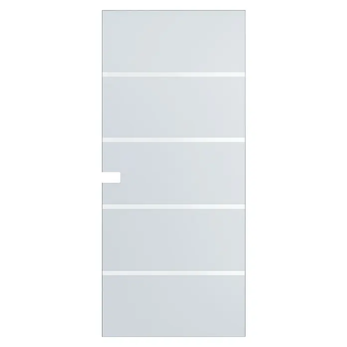 Entravia Glasschiebetür - 735 x 2.105 mm, Satiniertes Glas, 4-Streifen Design, Mit Schlossbohrung, Passend für: Entravia Simple-Pocket Schiebetürsystem - Gestapelte durchsichtige rechteckige Platten, eventuell aus Glas oder Acryl, mit einer kleinen Aussparung an einer linken Seite.