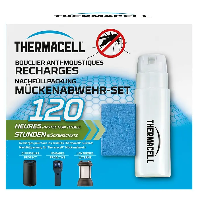 Thermacell Stechmückenschutz-Nachfüllpackung - Passend für: Alle Themacell Mückenabwehrgeräte, 120 h - Thermacell Mückenschutz-Nachfüllpackung mit Flüssigkeitsflasche, blauer Matte und Bildern kompatibler Geräte, 120 Stunden Schutz.