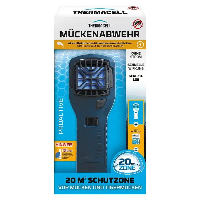 Thermacell Stechmückenschutz Handgerät ohne Wirkstoff - 105 x 105 x 235 mm - Dunkelblaues Thermacell MR300 Mückenabwehrgerät, tragbar und gasbetrieben, schützt bis zu 20m² vor Mücken und Tigermücken.