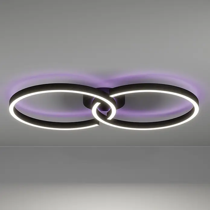 Eglo LED-Deckenleuchte Amandolo - 19,5 W, L x B x H: 67 x 38 x 6,5 cm, Schwarz, RGB - Moderne Deckenleuchte mit zwei verbundenen schwarzen Ringen, die weißes Licht und einen violetten Deckenschein abgeben.