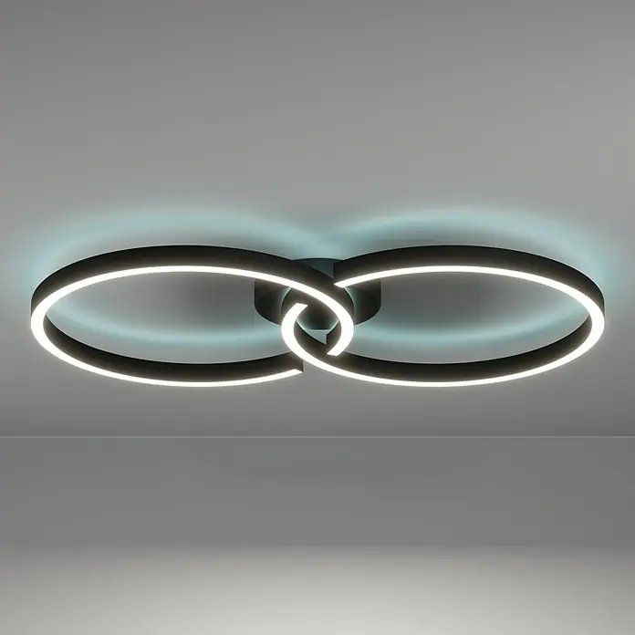 Eglo LED-Deckenleuchte Amandolo - 19,5 W, L x B x H: 67 x 38 x 6,5 cm, Schwarz, RGB - Moderne schwarze, ineinander verschlungene Ring-LED-Deckenleuchte mit weißer Beleuchtung und blaugrünem Umgebungslicht.