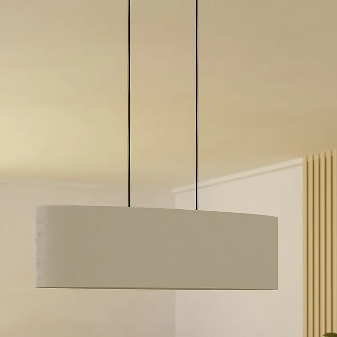Eglo LED-Pendelleuchte Febres - 60 W, L x B x H: 78 x 22 x 110 cm, Weiß, Schwarz - Nahaufnahme einer modernen, grauen Pendelleuchte mit minimalistischem Design, die Eleganz und schlichte Ästhetik vereint.