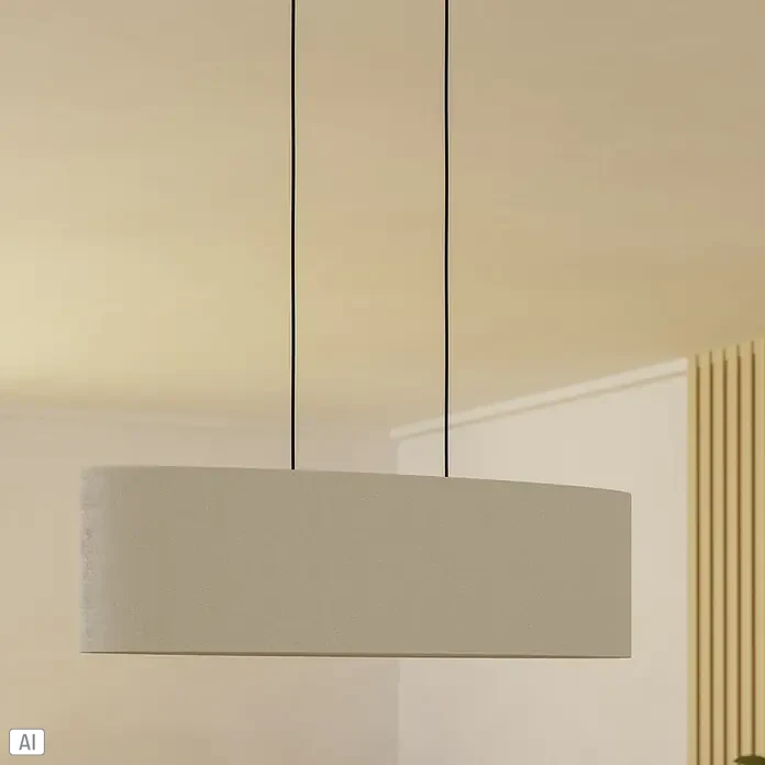 Eglo LED-Pendelleuchte Febres - 60 W, L x B x H: 78 x 22 x 110 cm, Weiß, Schwarz - Nahaufnahme einer modernen, grauen Pendelleuchte mit minimalistischem Design, die Eleganz und schlichte Ästhetik vereint.