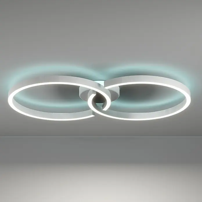 Eglo LED-Deckenleuchte Amandolo - 19,5 W, L x B x H: 67 x 38 x 6,5 cm, Weiß, RGB - Weiße, verschlungene Ringe LED-Deckenleuchte, die weißes und zartblaugrünes Licht wirft.