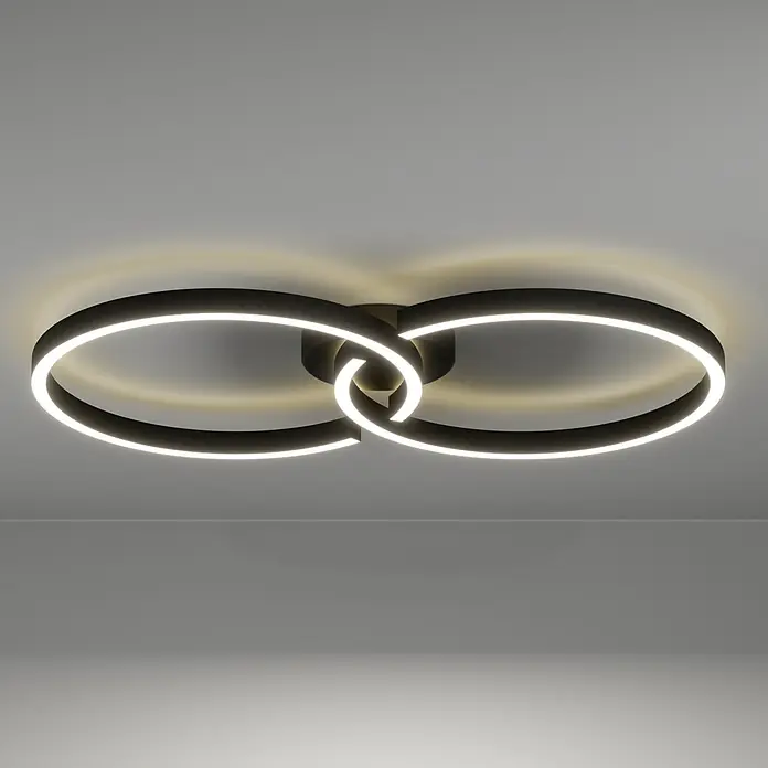 Eglo LED-Deckenleuchte Amandolo - 19,5 W, L x B x H: 67 x 38 x 6,5 cm, Schwarz, RGB - Schwarze Deckenleuchte mit zwei ineinandergreifenden Ringen, die warmes Licht nach oben und unten abgibt.
