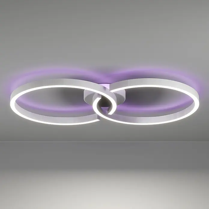 Eglo LED-Deckenleuchte Amandolo - 19,5 W, L x B x H: 67 x 38 x 6,5 cm, Weiß, RGB - Moderne weiße LED-Deckenleuchte mit zwei ineinander verschlungenen Ringen, die weißes und violettes Licht abstrahlt.