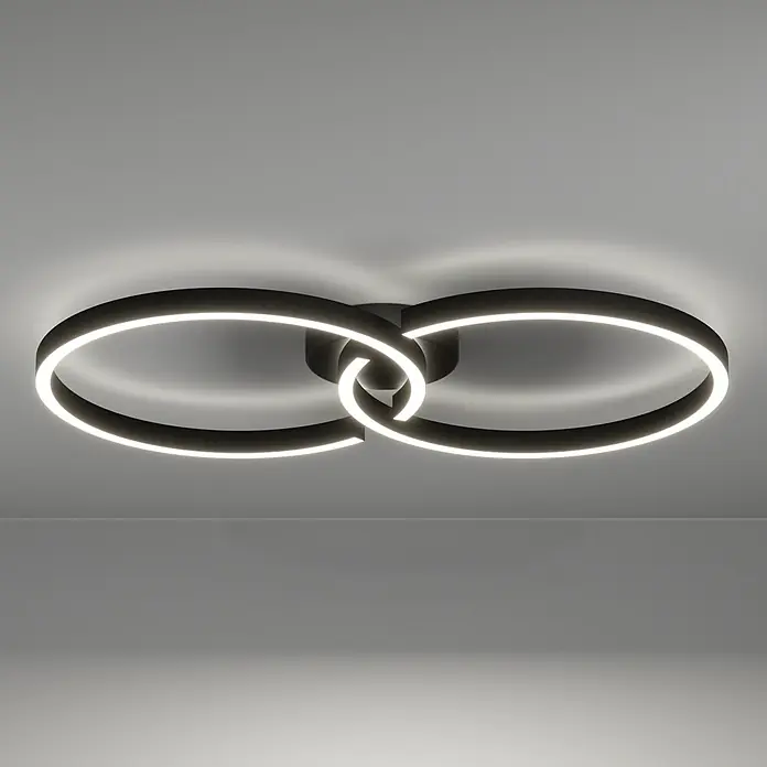 Eglo LED-Deckenleuchte Amandolo - 19,5 W, L x B x H: 67 x 38 x 6,5 cm, Schwarz, RGB - Moderne schwarze LED-Deckenleuchte mit zwei ineinandergreifenden Ringen, die helles weißes Licht abgibt.