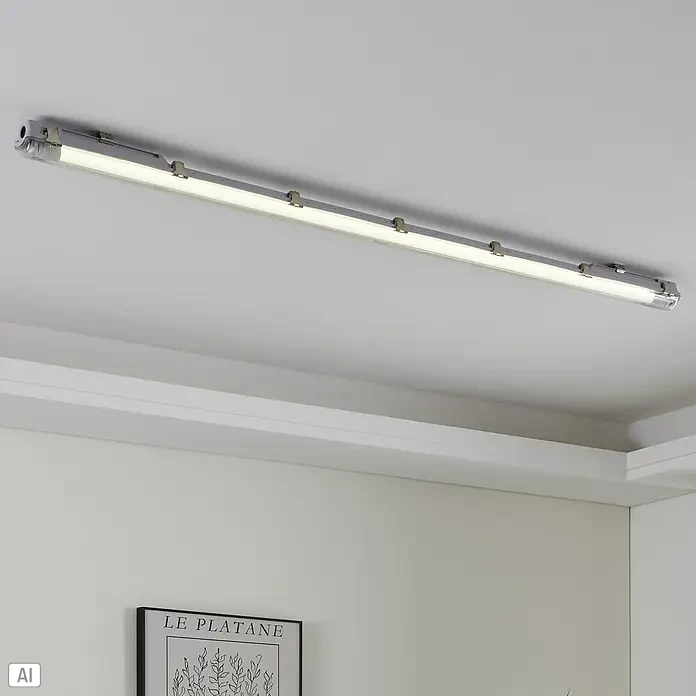 Eglo LED-Röhre - Länge: 59 cm, Neutralweiß, 10 W, 1.100 lm, G13 - Eine graue Deckenleuchte mit einer LED-Röhre in einem modernen Raum. Das Licht ist hell und gleichmäßig.