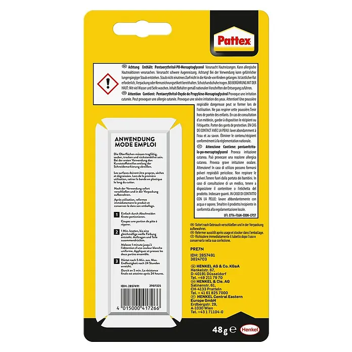 Pattex Kontaktkleber Repair Express - 48 g - Pattex Reparatur Knete: Enthält Warnhinweise und Anweisungen zur Anwendung und sicheren Verwendung des Produkts.