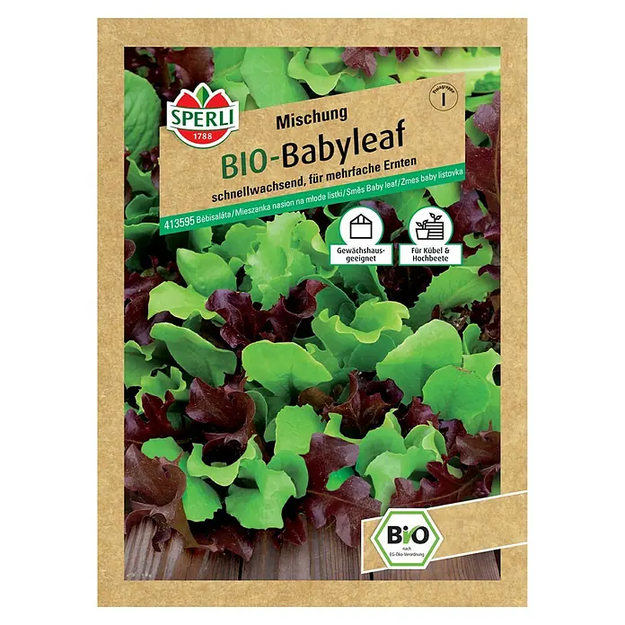 Sperli Salatsamen BIO Babyleafsalat - Lactuca sativa, Erntezeit: Mai, 0,4 g - Samenpackung für Bio-Babyleaf-Mischung von Sperli, schnellwachsend und für mehrfache Ernten geeignet, ideal für Gewächshaus, Kübel und Hochbeete.