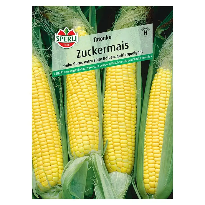 Sperli Gemüsesamen Zuckermais - Zea mays ssp. saccharata, Saatzeit: März, Erntezeit: August - Abbildung einer Saatguttüte "Tatonka Zuckermais" von Sperli, einer frühen und extra süßen Sorte, die sich zum Einfrieren eignet.