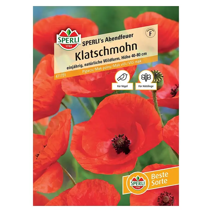 Sperli Blumensamen Klatschmohn - Papaver rhoeas, Rot, Saatzeit: April, Blütezeit: Juni - Samenpackung Klatschmohn 'Abendfeuer' von Sperli. Einjährig, natürliche Wildform, Höhe 40-80 cm, mit dem Logo von Sperli 1788 und dem Hinweis "Beste Sorte".