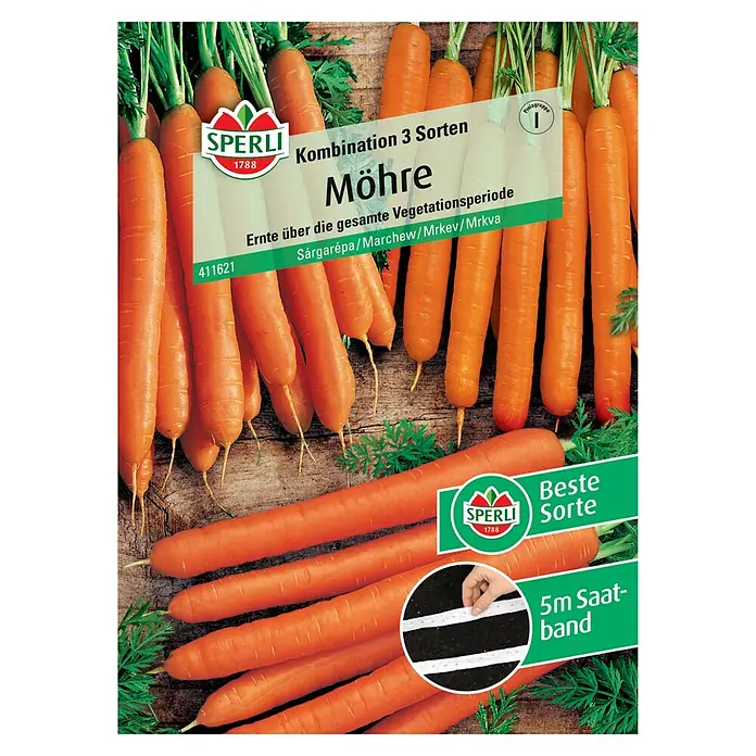 Sperli Gemüsesamen Möhren - Daucus carota, Saatzeit: März, Erntezeit: Juli - SPERLI Möhren-Saatband: Kombination aus 3 Sorten für eine lange Erntezeit. Beste Sorte für den Garten, mit 5m Saatband.