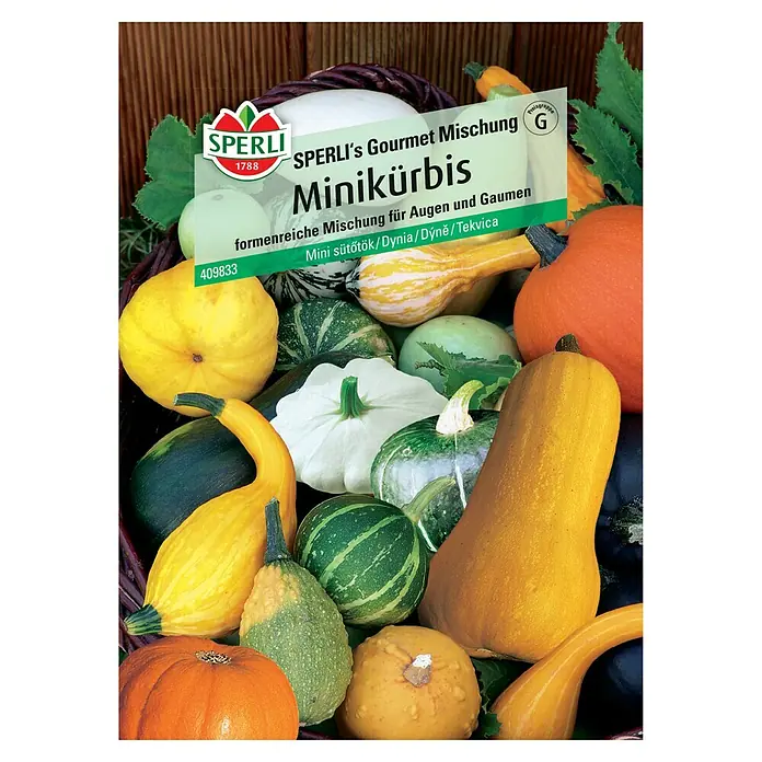 Sperli Gemüsesamen Minikürbis - Cucurbita pepo, Saatzeit: April, Erntezeit: September - Samenpackung "Sperli's Gourmet Mischung Minikürbis" mit einer Vielfalt an dekorativen und essbaren Minikürbissen.
