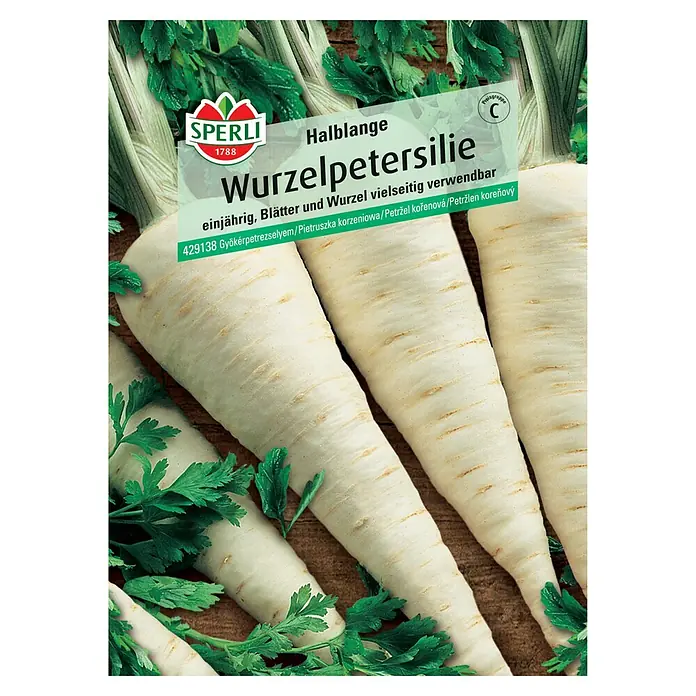 Sperli Gemüsesamen Wurzelpetersilien - Petroselinum crispum, Saatzeit: März, Erntezeit: Juli - Halblange Wurzelpetersilie mit weißen Wurzeln und grünen Blättern.