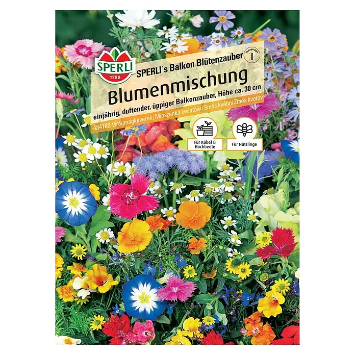 Sperli Blumensamenmischung Blumen-Mischung - Mischung, Mehrfarbig, 3 m² - Blumensamenpackung von Sperli, 'Blumenmischung', einjährig, duftend, üppig, Höhe ca. 30 cm, ideal für Kübel und Hochbeete, sowie nützlingsfreundlich.