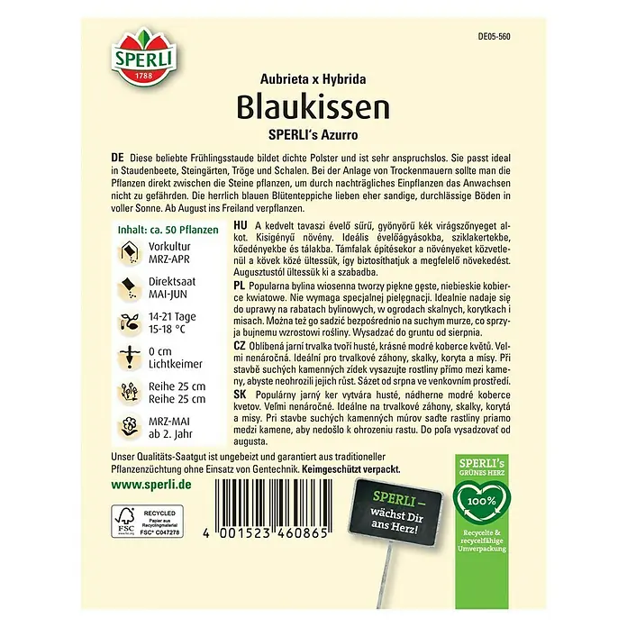 Sperli Blumensamen Blaukissen Azurro - Aubrieta x Hybrida, Lila - SPERLI Blaukissen Aubrieta x Hybrida Saatgutpackung. Die Packung verspricht üppige, blaue Blütenteppiche, ideal für Steingärten und Trockenmauern.