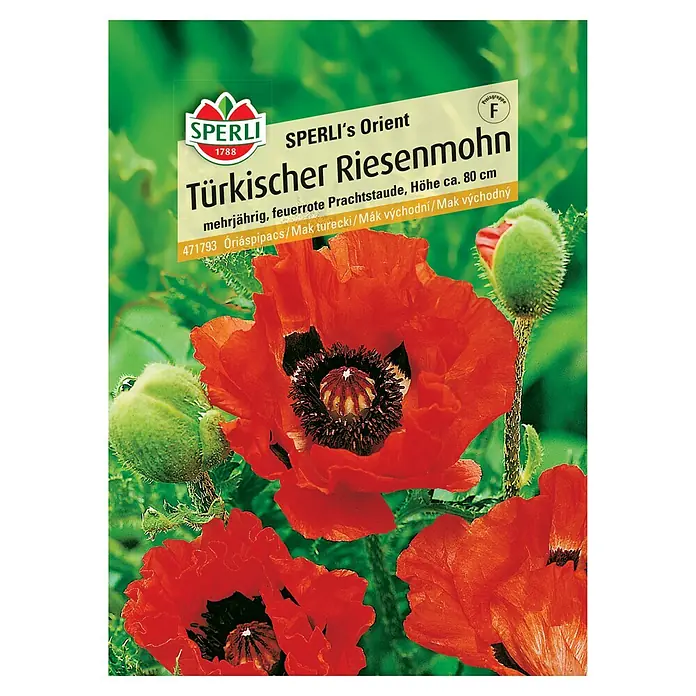 Sperli Blumensamen Türkischer Riesenmohn - Papaver orientale, Rot, Saatzeit: April, Blütezeit: Juni - Samenpackung des Türkischen Riesenmohn von Sperli, einer mehrjährigen, feuerroten Prachtstaude mit einer Höhe von ca. 80 cm.