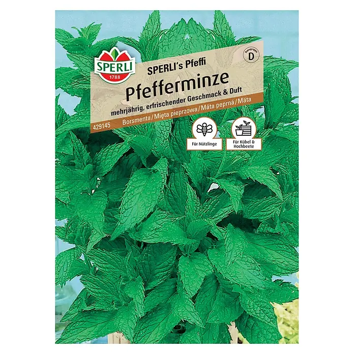 Sperli Kräutersamen Pfefferminze - Mentha piperita, Saatzeit: März, Erntezeit: Juli - Bild einer Samenpackung für "SPERLI's Pfeffi" Pfefferminze, einer mehrjährigen Sorte mit erfrischendem Geschmack und Duft.