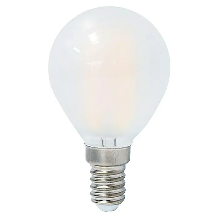 Garza Bombilla LED Crystal - E14, No regulable, Blanco neutro, 470 lm, 4 W, Redonda - Primer plano de una bombilla LED pequeña, redonda y blanca con una base de rosca de color plateado sobre un fondo negro.