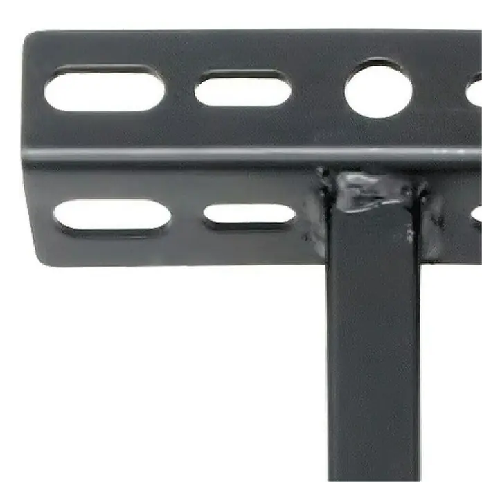 Alverlamp Soporte de foco LQ - Altura: 50 cm - Primer plano de un soporte de marco de cama de metal negro con ranuras y orificios redondos para el montaje.