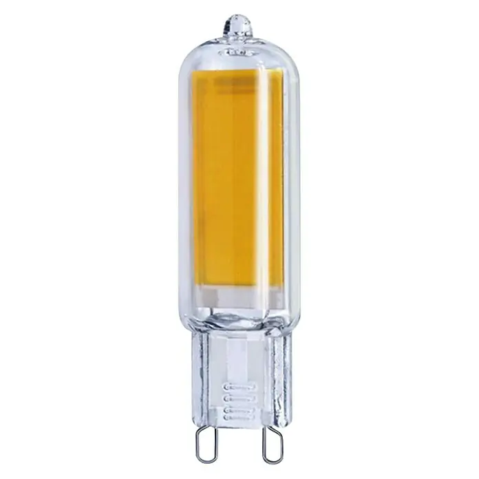 Garza Bombilla LED - G9, No regulable, Blanco cálido, 470 lm, 3,5 W - Primer plano de una bombilla LED G9 con cuerpo de vidrio transparente e inserción LED dorada, ideal para accesorios de iluminación modernos.