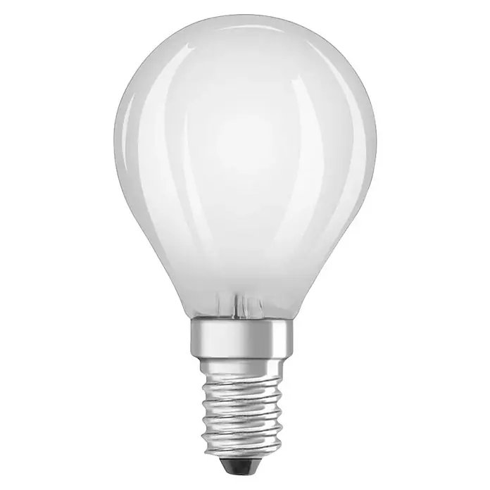 Osram Bombilla LED Star classic - E14, No regulable, Blanco cálido, 250 lm, 2,8 W - Primer plano de una bombilla mate en forma de lágrima con base plateada sobre un fondo negro.