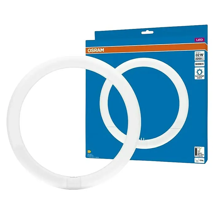 Tubo LED Circular - 32 W, 3 cm, Blanco frío, 1.200 lm - Imagen de una lámpara de anillo LED Osram en su embalaje, destacando su brillo y longevidad.