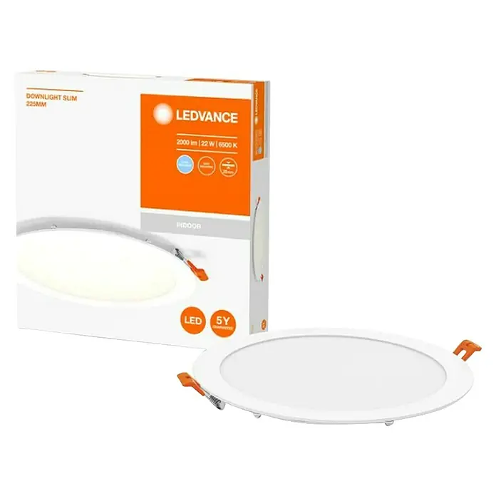 Ledvance Set de focos LED empotrables x 3 - 22 W, Ø x Al: 22,5 cm x 25 mm, Blanco frío, 6.500 K - LEDVANCE Downlight Slim 225mm: Luz de techo LED delgada y energéticamente eficiente para uso en interiores. Luz brillante y uniforme con una larga vida útil.