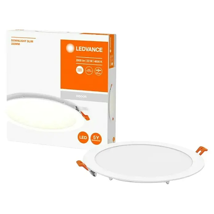Ledvance Set de focos LED empotrables x 3 - 22 W, Ø x Al: 22,5 cm x 25 mm, Blanco neutro, 4.000 K - LEDVANCE Downlight Slim 225mm: Lámpara de techo LED de bajo consumo para interiores con 5 años de garantía, ideal para iluminación moderna.