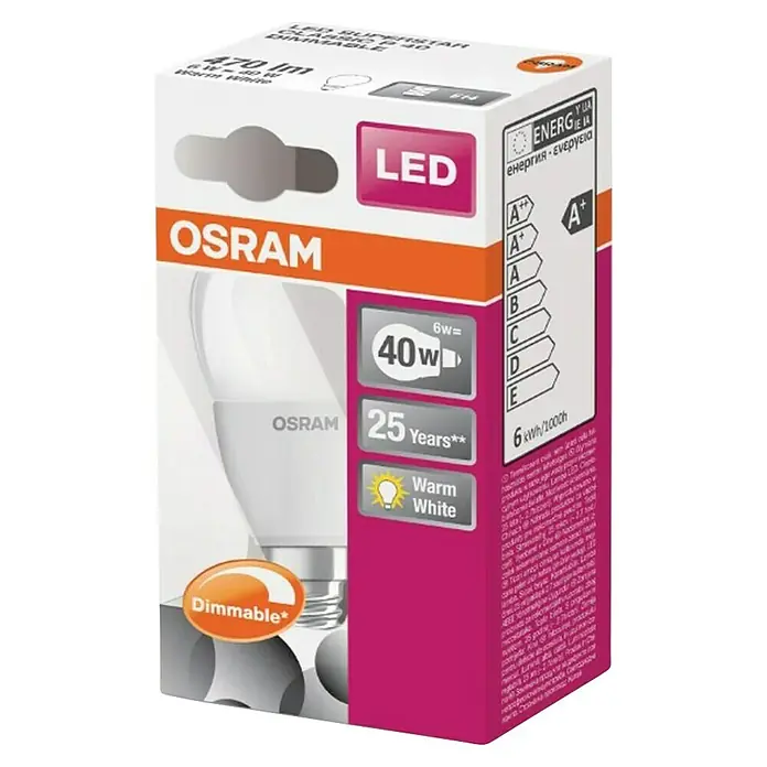 Osram Bombilla LED Superstar Classic P - E14, Intensidad regulable, Blanco cálido, 470 lm, 4,5 W - Primer plano de una bombilla LED Osram, destacando su eficiencia energética y longevidad.