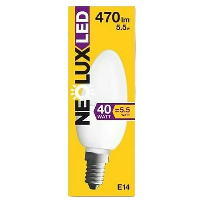 Osram Bombilla LED Neolux - E14, Blanco neutro, 470 lm, 5 W - Imagen de una bombilla de vela LED Neolux E14, que proporciona 470 lúmenes con un consumo de solo 5,5 W, equivalente a 40 W.