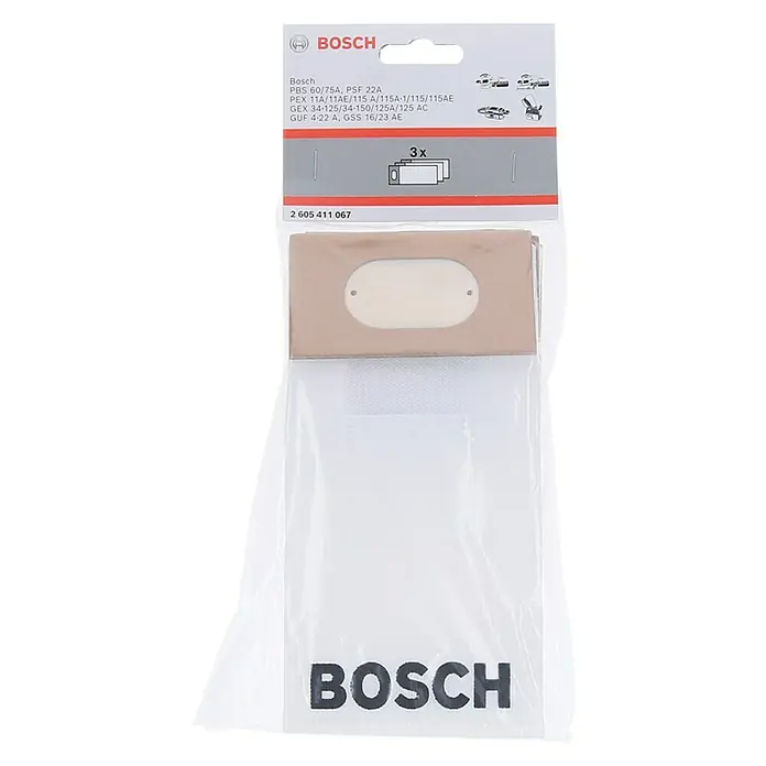 Bosch Staubbeutel - 3 Stk., Passend für: Bosch Schleif- und Fräsgeräte - Ein Bild von Bosch Staubsaugerbeuteln, die für verschiedene Schleifmaschinen geeignet sind.