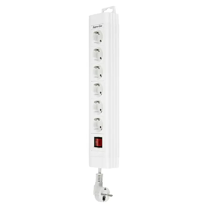 SupraLine Base de enchufe múltiple - x 6, Blanco, Longitud del cable: 240 cm, Con interruptor - Regleta Supra-Line con seis enchufes, un interruptor rojo y un enchufe blanco para un uso versátil.